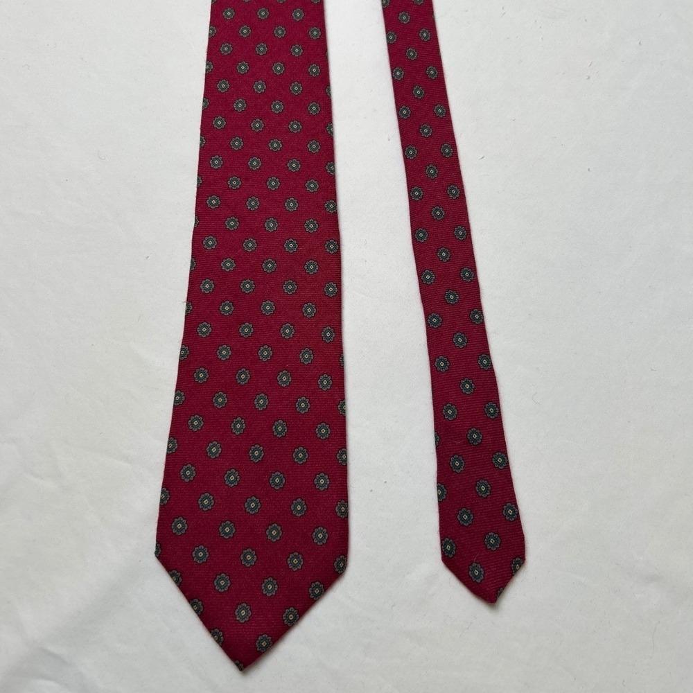 Kenneth Gordon Vintage Mens Wool Silk Medallion Geometric Necktie Burgundy Red